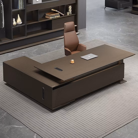 Mesa de escritório de móveis executivos de luxo de alta qualidade em forma de L de couro de madeira de alta qualidade Diretor Gerente CEO